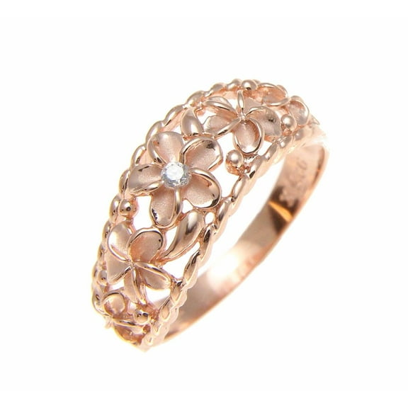 Pink rose gold plated 925 sterling silver 5 Hawaiian plumeria flower cz ring curve style size 4