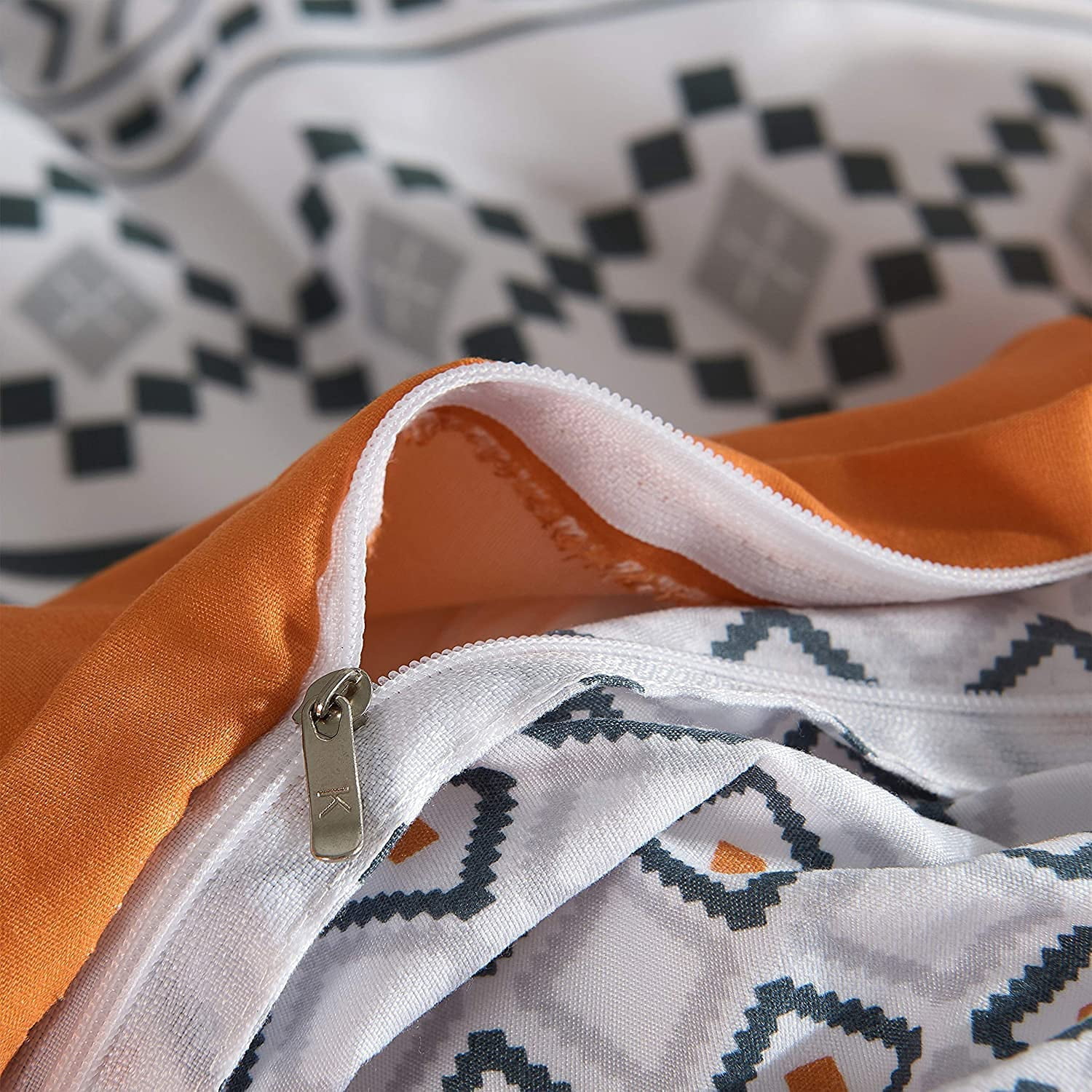 Bohemian Duvet Cover Set Queen Boho Orange and White Geometric Comforter Cover Set Full 90"x90" Soft Breathable Durable Geometrical with Zipper Closure and Corner Ties 3 Pieces Bedding Set