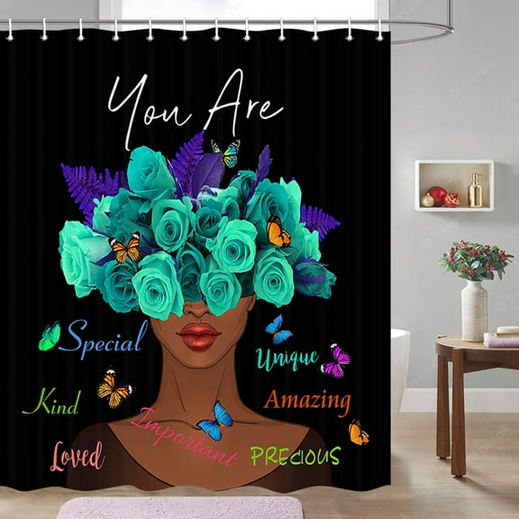 Black Girl Shower Curtain, Black Girl Shower Curtain African Bathroom Set, Black Woman Shower Curtain Inspirational Motivational Shower Curtain Afro Teal Rose Bath Curtain with Hooks(69X70)