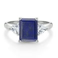 thumbnail image 2 of Gem Stone King 10K White Gold Blue Lapis and White Moissanite 3 Stone Engagement Ring for Women (2.46 Cttw, Emerald Cut 9X7MM, Gemstone Birthstone, Size 9), 2 of 4