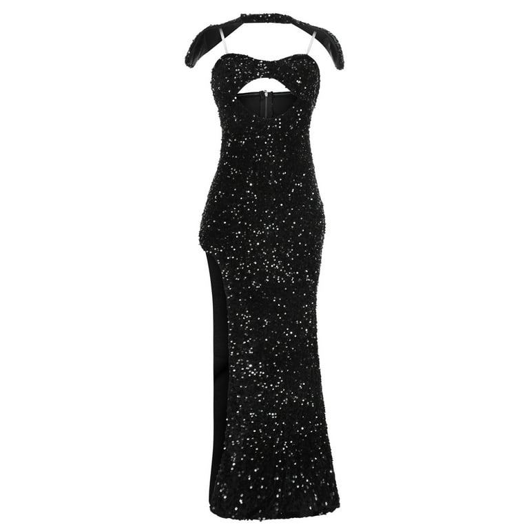 Ozmmyan Womens Black Prom Dresses Strapless Backless Tube Top Split Glitter  Maxi Dress Homecoming Dresses