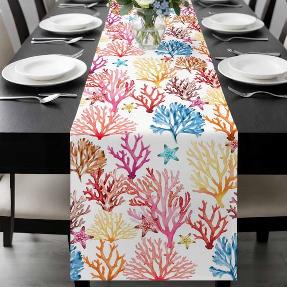 Ocean Colorful Corals Table Runner, Summer Nautical Coastal Watercolor Sea Starfish Washable Cotton-linen Table Runners Dining Kitchen Decoration for Everyday Home Wedding Party Decor, 13 x 108 Inch