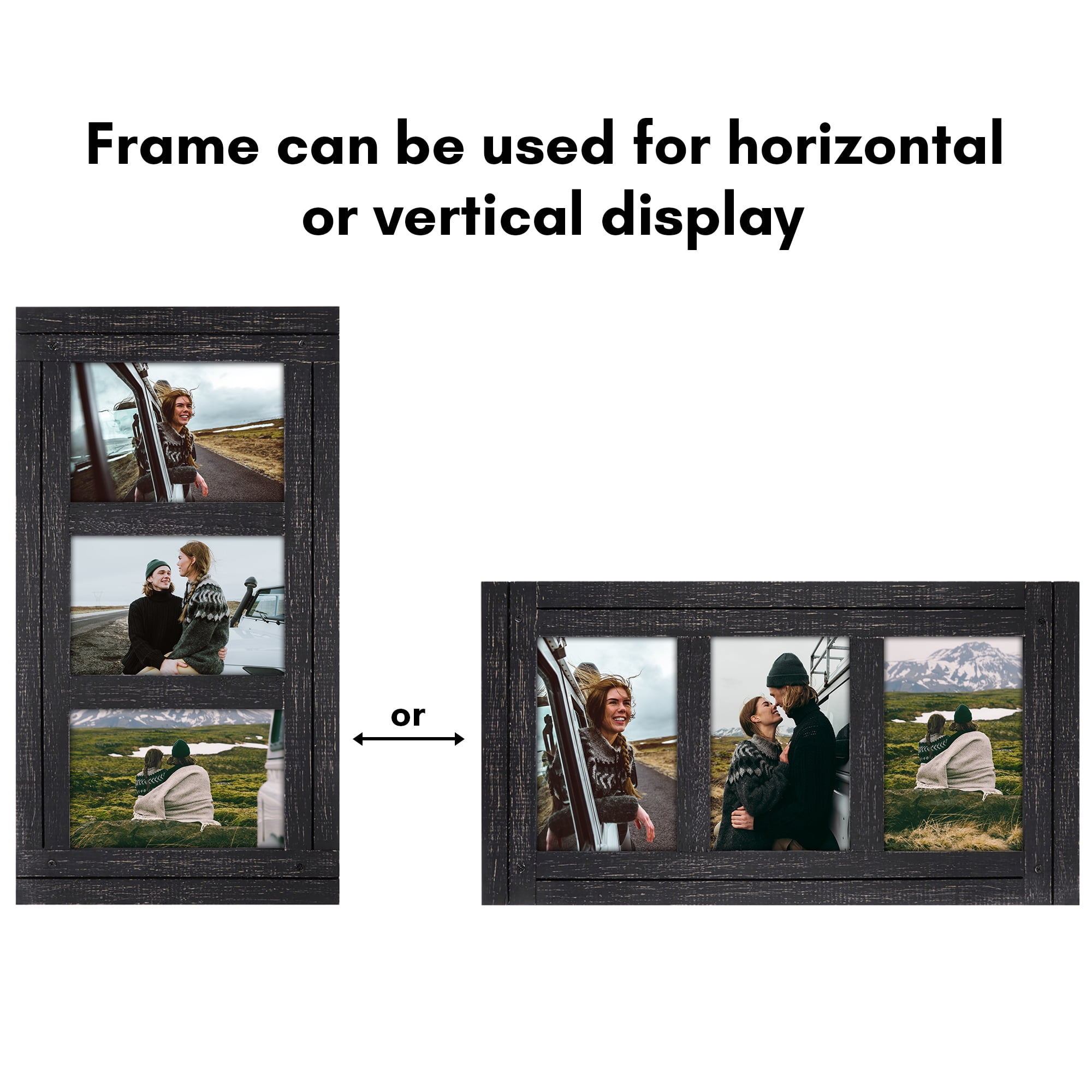Americanflat 4x6 Hinge Frame Hinged Triple Photo Openings Polished Glass Distressed Collage - Charcoal Black