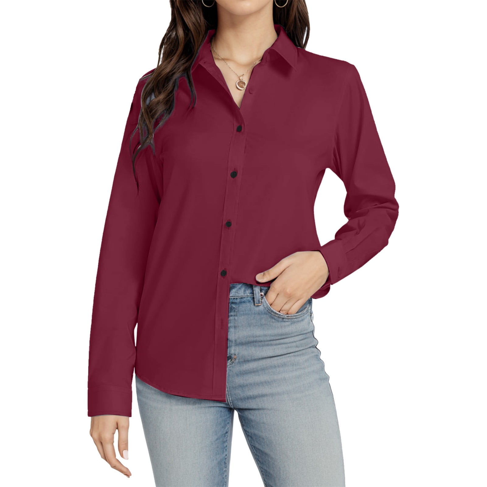 Womens Shirt Casual Women T Shirt Womens Button Down Shirt Long Sleeve Dress Shirts Stretch Solid Work Blouse Adult Female Clothes Red Size 6L