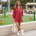 thumbnail image 6 of Womens Half Zip Stand Collar Ruffle Hem Mini Sweatshirt Dress, Oversized Drop Shoulder Long Sleeve Loose Casual Street Loungewear Short Dress M, 6 of 7