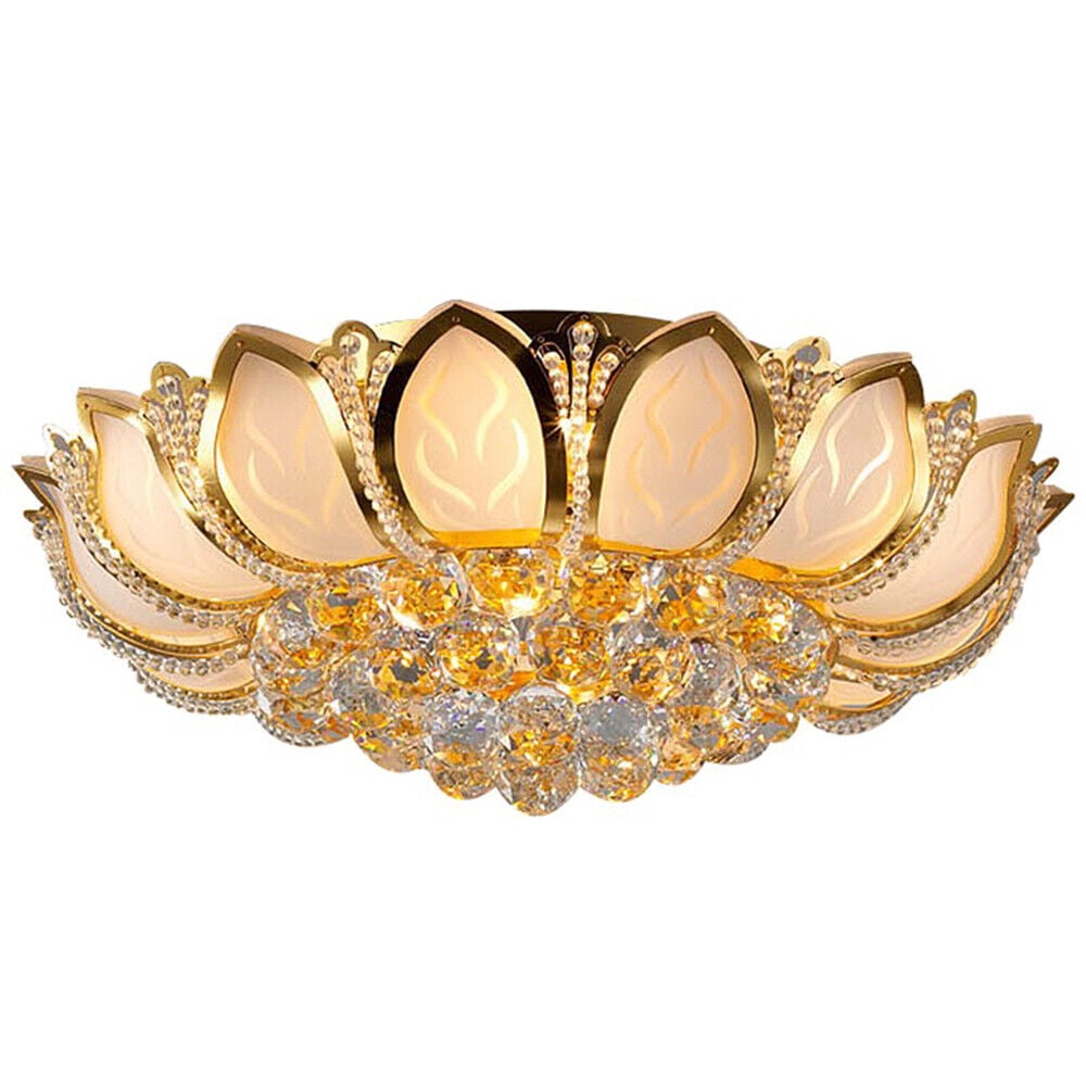 Crystal Ceiling Lamp Modern Chandelier 110V Gold Flower Shape Pendant Light Fixture 23.5 in Bedroom Flush Mount Hanging Lamp for Living Room Bedroom Hallway (No Remote Control)