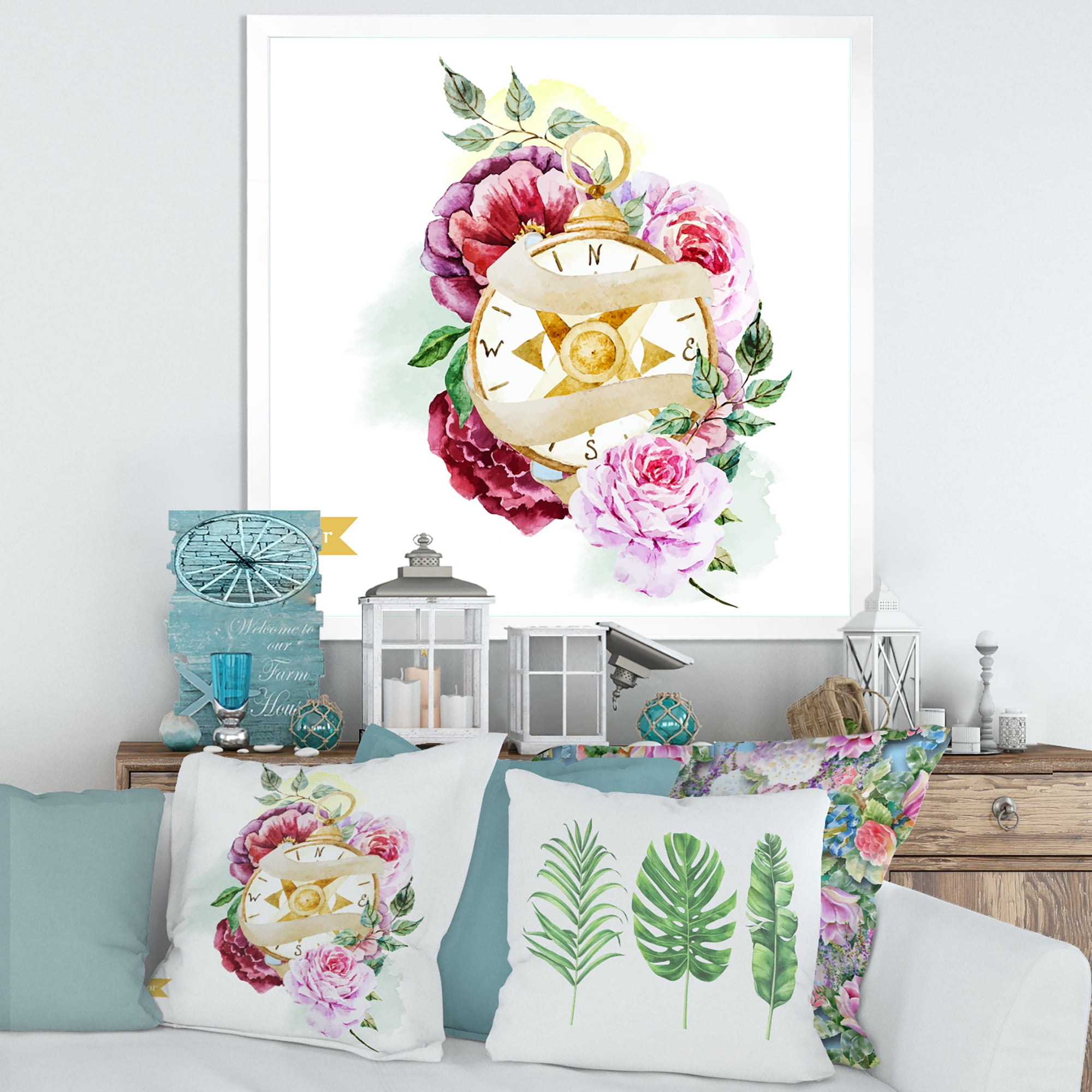 Designart 'Compass Among Flowers' Traditional Framed Art Print