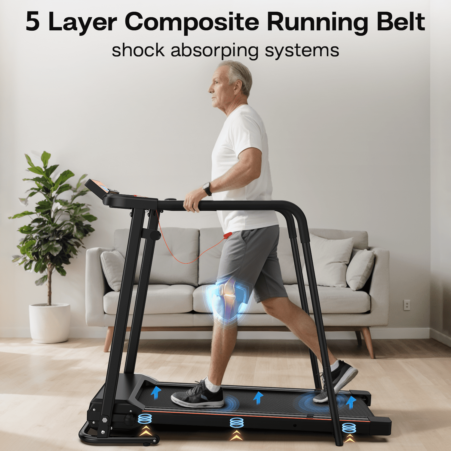 FLIMDER Foldable Treadmill for Senior, 2 in 1 Folding Exercise Treadmill with Long Handrail, 300 lbs Capacity 0.5-6 MPH