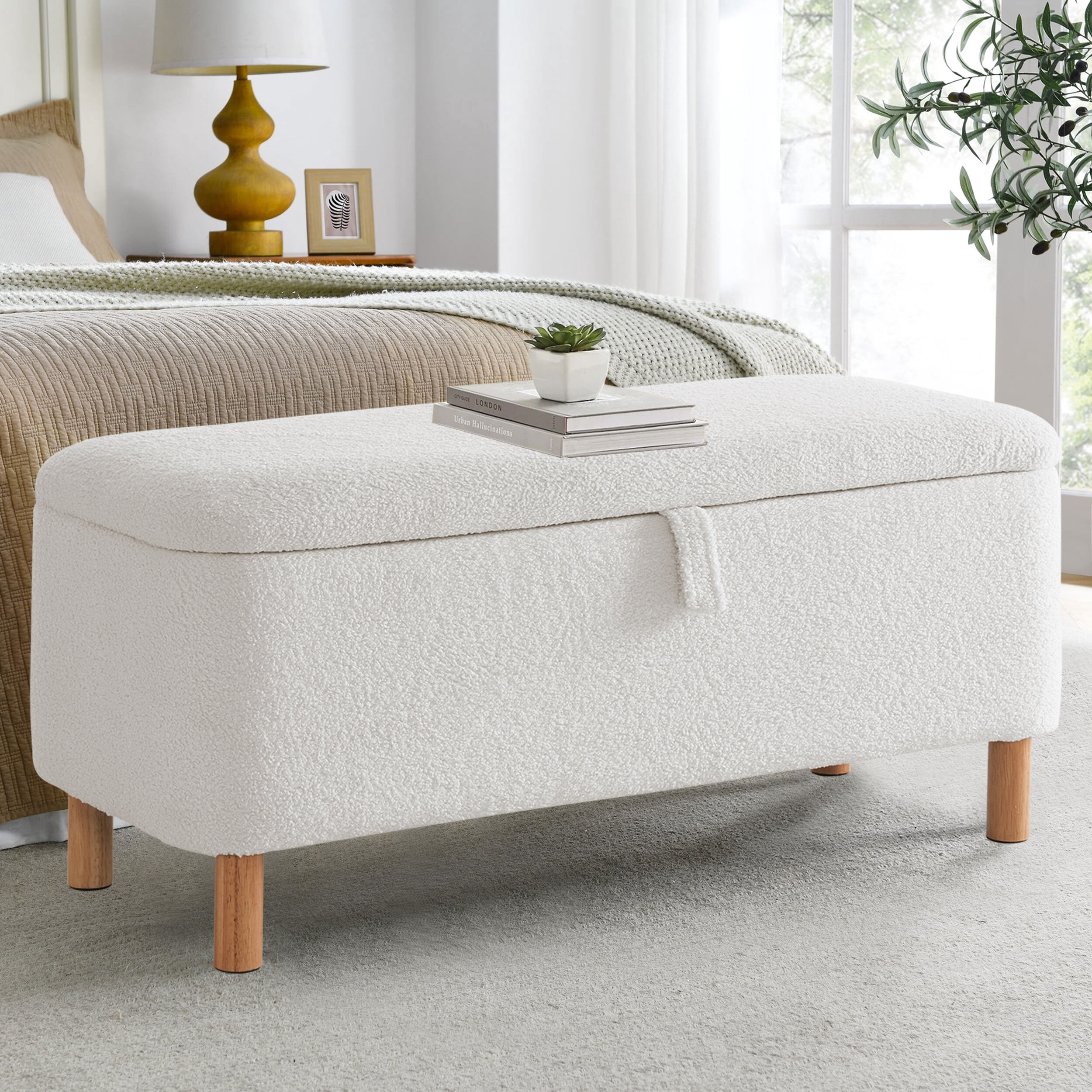 39.5" Boucle Storage Ottoman Bench for Living Room Bedroom Foot Rest End of Bed,Upholstered Entryway Seating,Solid Wood Leg,Ivory White
