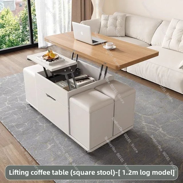 Mesa de centro elevadora multifuncional para apartamento pequeño, mesa de comedor integrada con taburete, sala de estar plegable y móvil