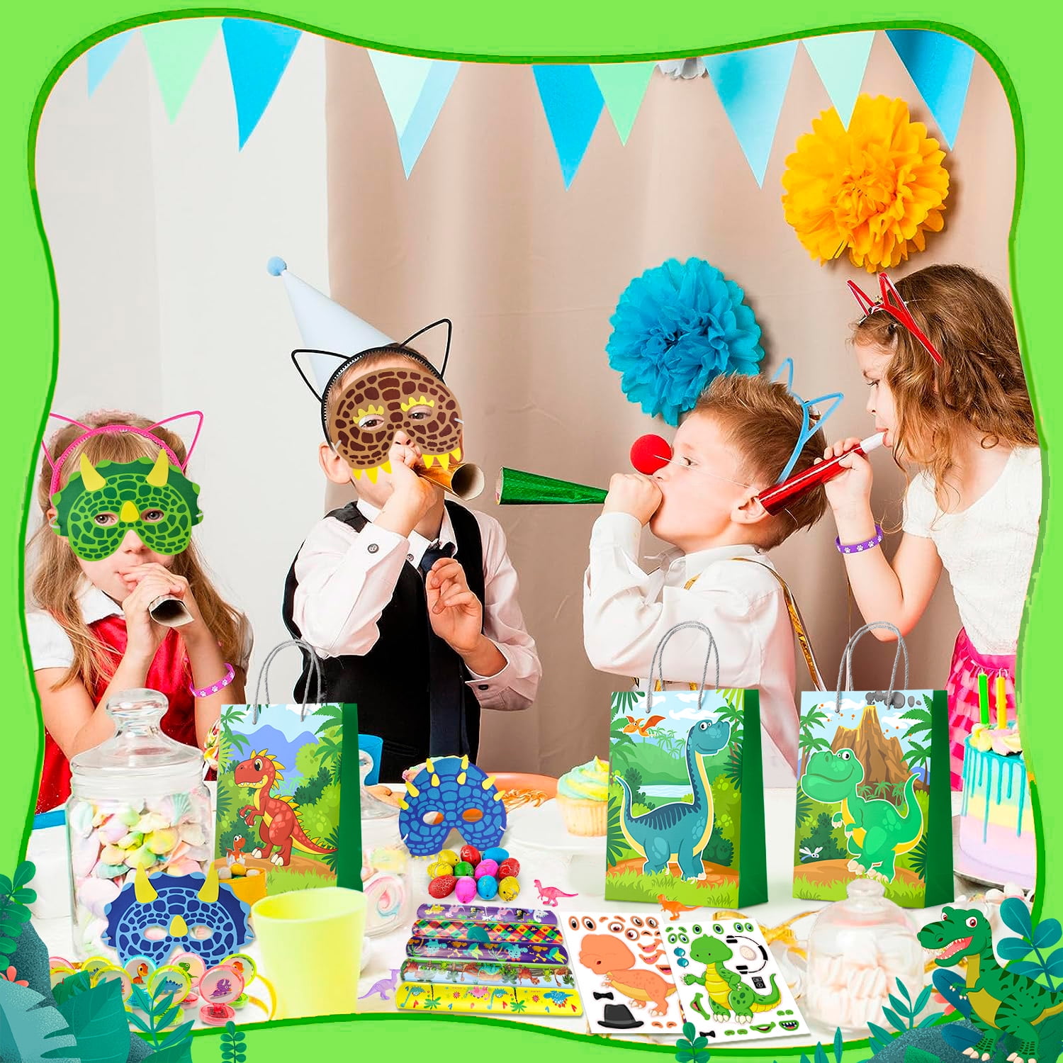 Dinosaur Party Favors for Kids, 96pcs All-in-One Dinosaur Birthday Party Favors Set - Dino Party Favor Bags Keychains Stampers Stickers Toys Clap Bracelets etc Dinosaur Birthday Party Supplies