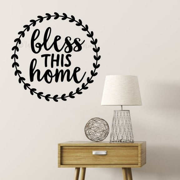 Bless This Home Laurel Wreath Wall Art Decals Farmhouse Decor Stickers 23x23-Inch Black