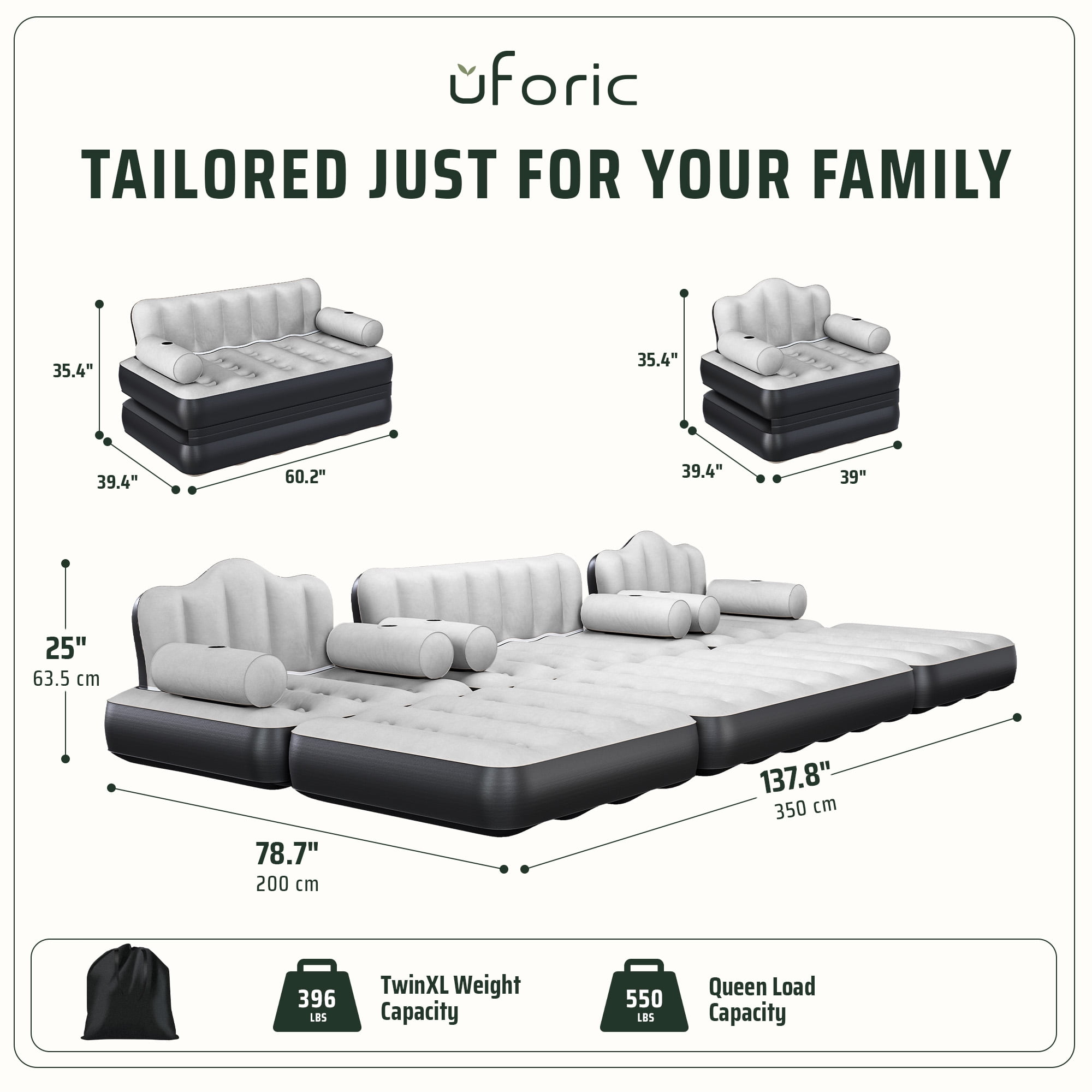 Uforic 3-Piece Air Sofa Bed Set with Pump, Queen & 2 Twin Size 2-in-1 Convertible Inflatable Sofa Bed with Headboard, Cup Holders, Carry Bag for Home Camping Guest Use, Gray