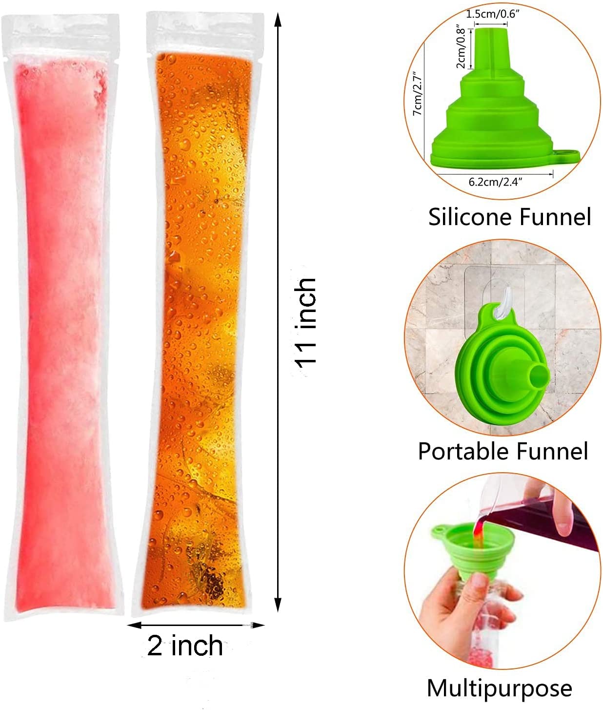 200 Sachets à Popsicle DIY - 28 X 5,5 Cm, Sans BPA, Avec Entonnoir, Pour Yaourt, Jus, Glace Maison - 9