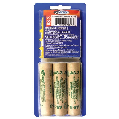 ESTES A8-3 Model Rocket Engines 3 Pack w/ Recovery Wadding EST10054/ EST7957 FLIGHT PACK