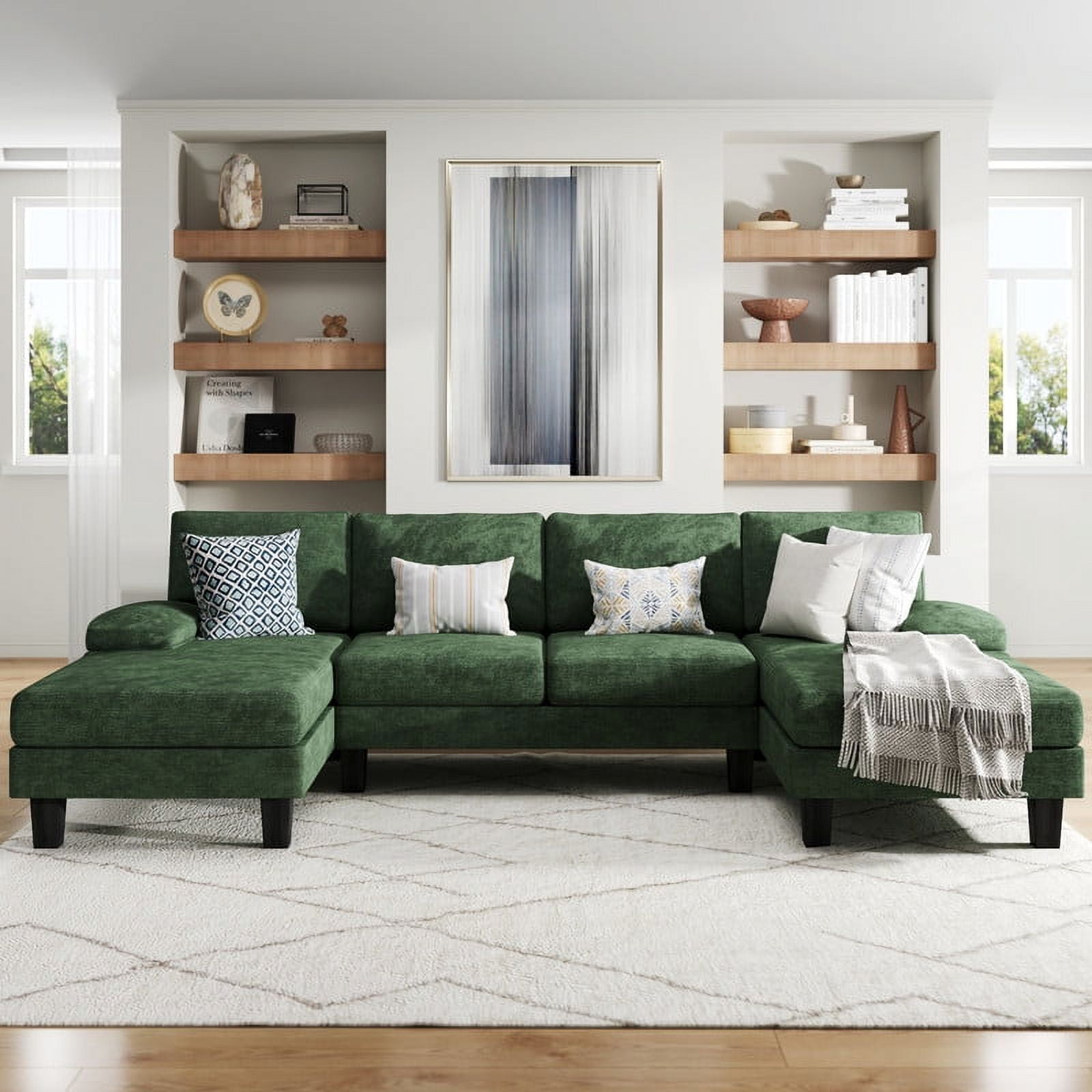 Homall Modern U-Shape Sectional Sofa, Chenille Fabric Modular Couch, 4 Seat Oversized Sofa with Chaise for Living Room, Green