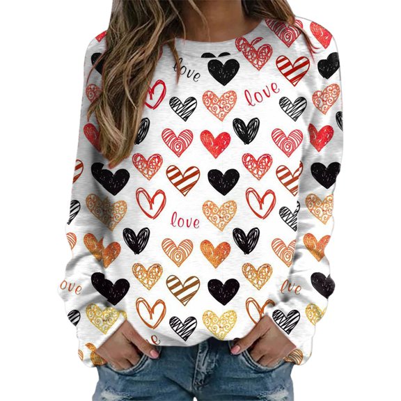 Tiweut Valentine's Day Sweatshirts Women Hearts Print Round Neck Fit Loose Pullover Long Sleeve Workout Streetwear Ladies Tops,A-White,XL