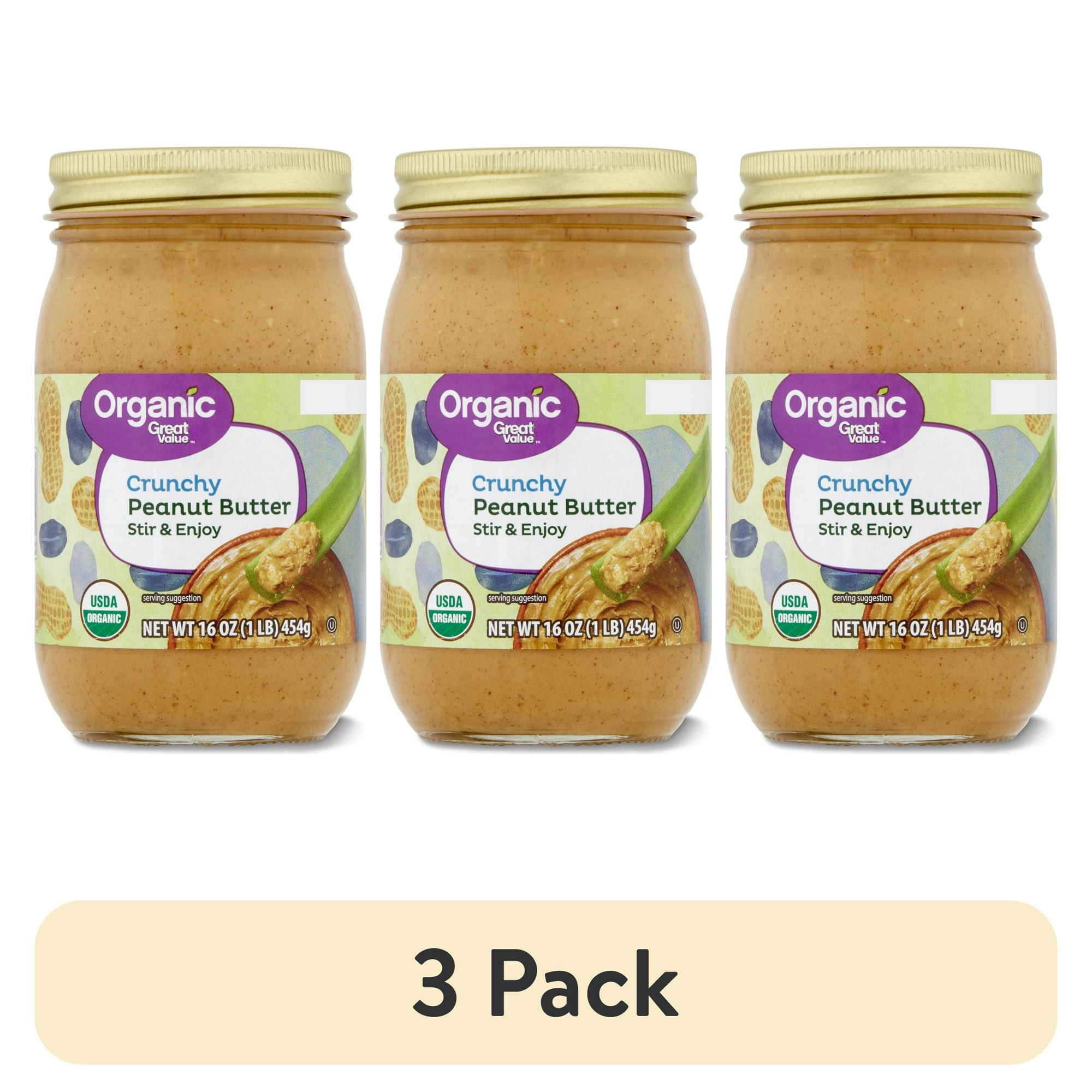 (3 pack) Great Value Organic Crunchy Stir and Enjoy Peanut Butter, 16 oz