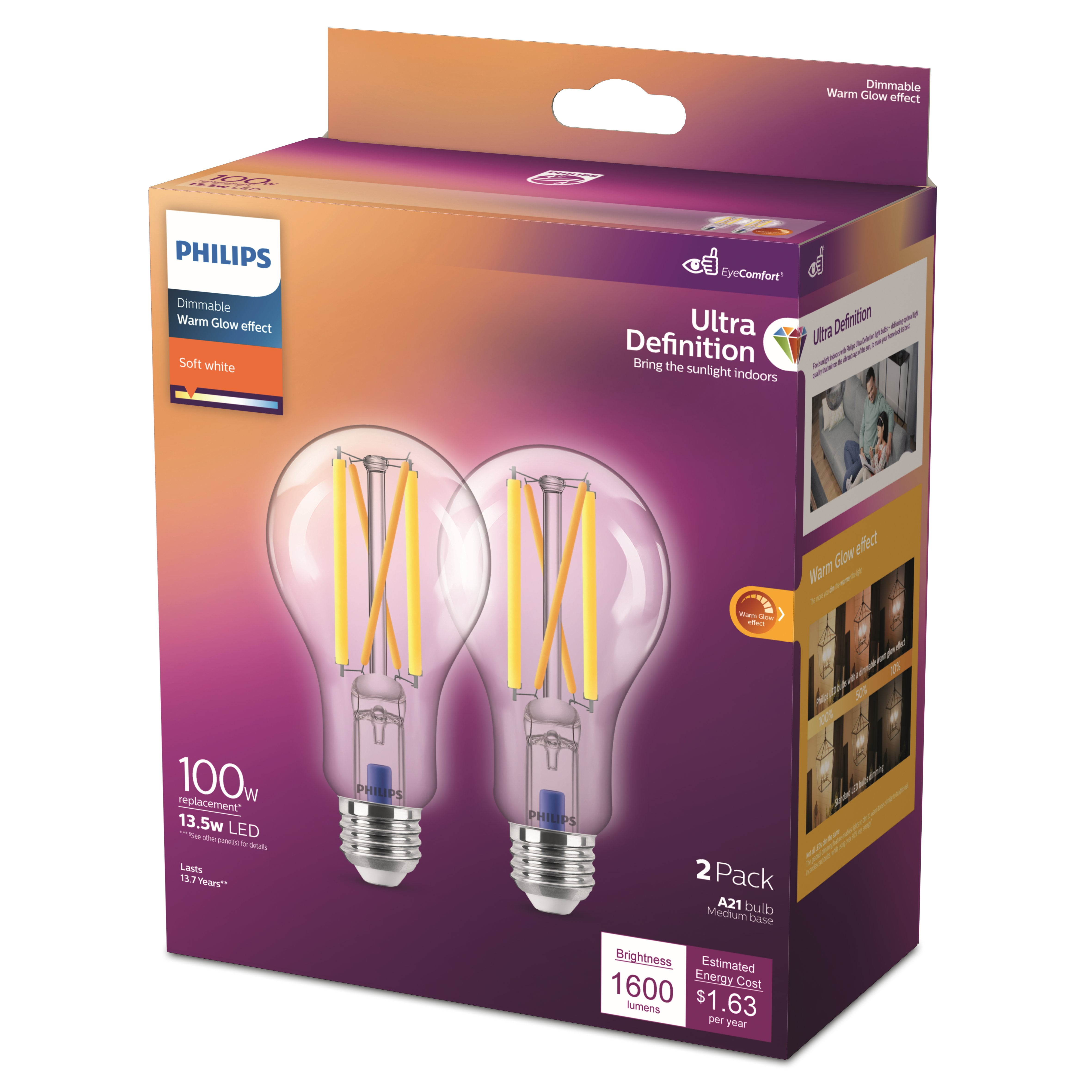 Philips Ultra Definition LED Filament Light Bulb, Clear Soft Dimmable, E26 Base (2-Pack) - Walmart.com