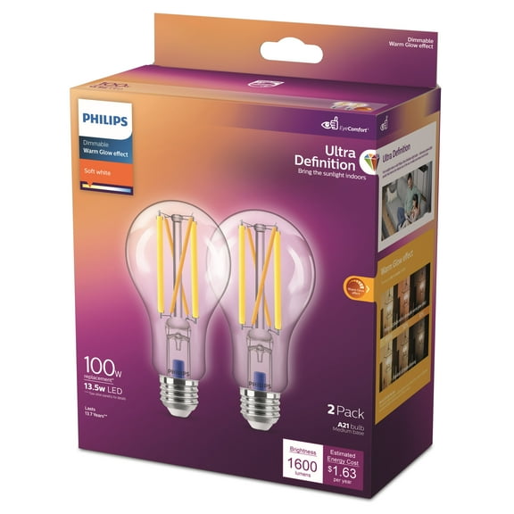 Philips Ultra Definition LED 100-Watt A21 Filament Light Bulb, Clear Soft White, Dimmable, E26 Medium Base (2-Pack)