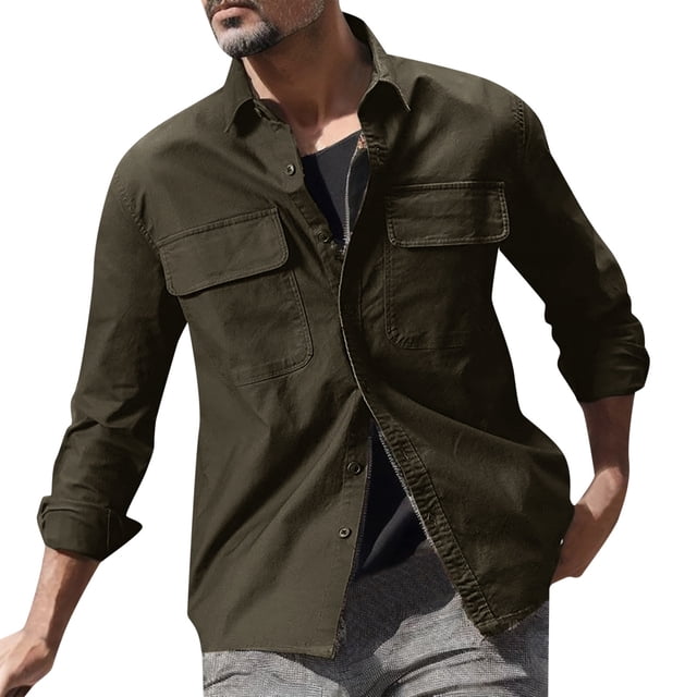 Camisas Para Hombre Manga Larga Camisa de manga larga de carga vintage para hombre Camisa ajustada para viajes Camping Senderismo (AG, L)