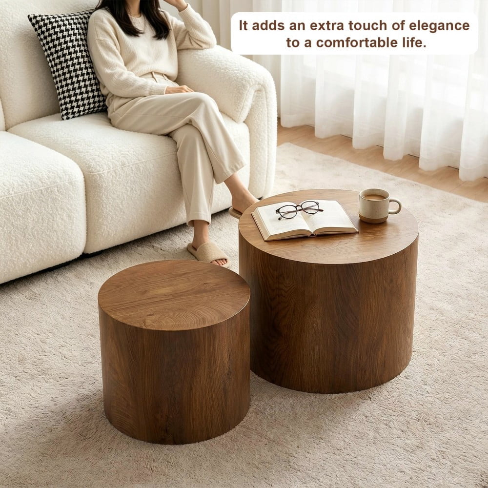 Nesting Coffee Table Set of 2, Modern Round Wood Side Tables with Non-Slip Feet, Small End Tables for Living Room, Bedroom, Office, Balcony, Small Spaces, Walnut