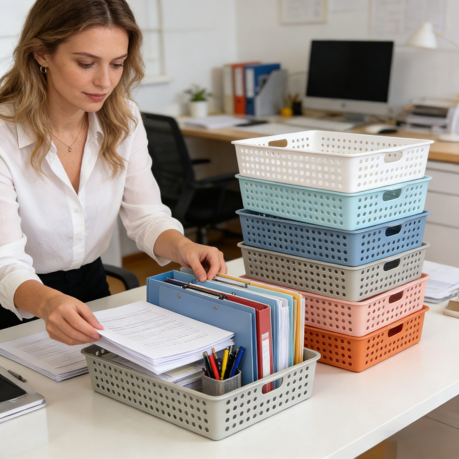 6 Pack Classroom Paper Baskets, Organizing Desk Boho Tray for A4 Papers, Classroom Storage Paper Bins, Fun Turn In Trays for Teachers and Students, Office Desk Room Trays (Macaron)