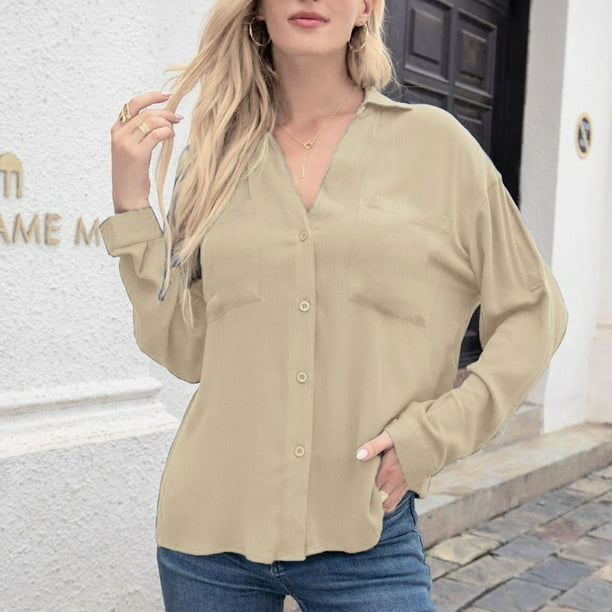 V Collar Long Sleeve , Ice Silk Button Down Pocket Women Fashion