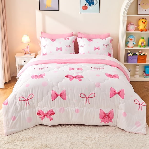 Juego de ropa de cama Wajade Pink Bow para niñas y niños con cama individual y edredón