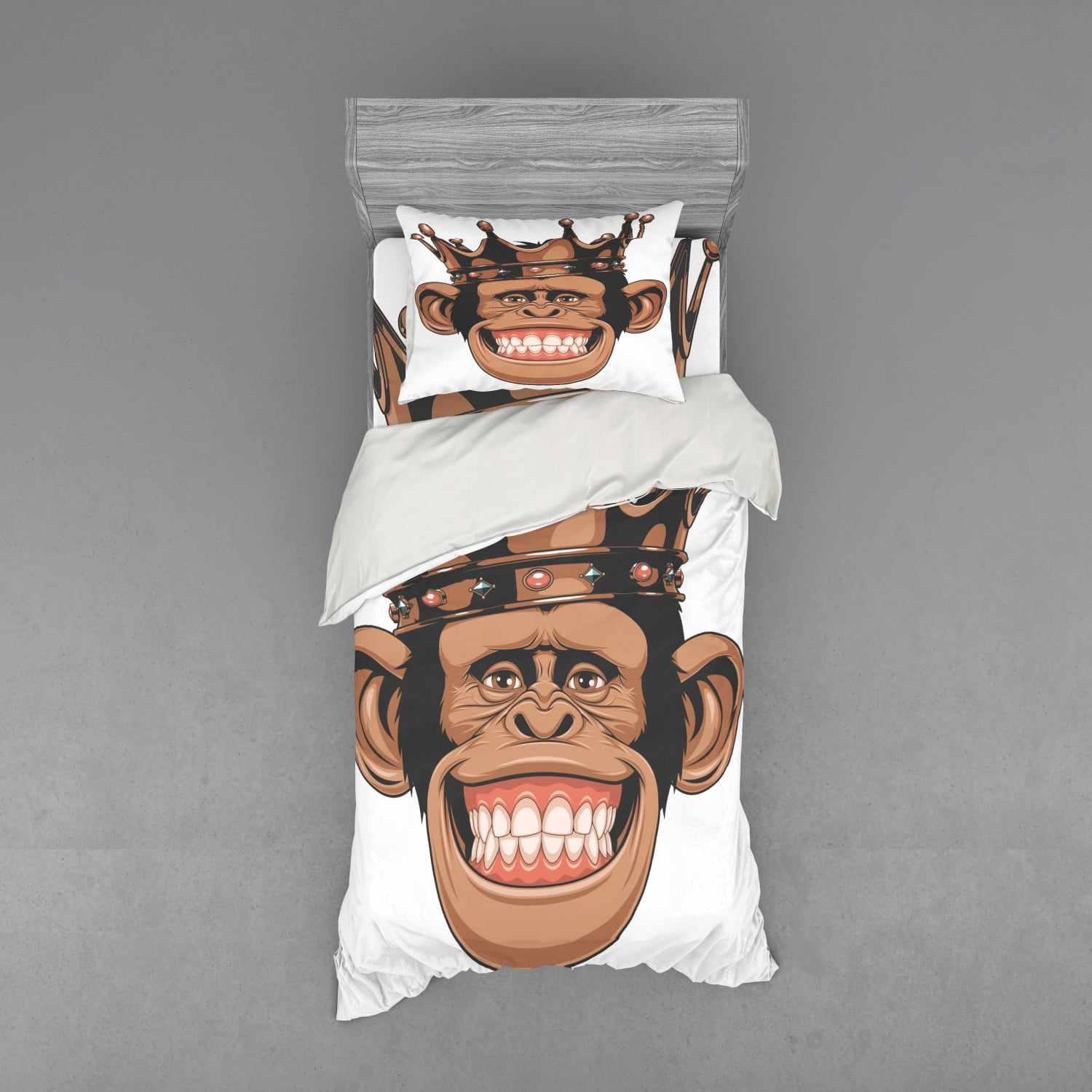 Funny Duvet Cover Set, Whimsical King Chimpanzee Portrait with Crown on