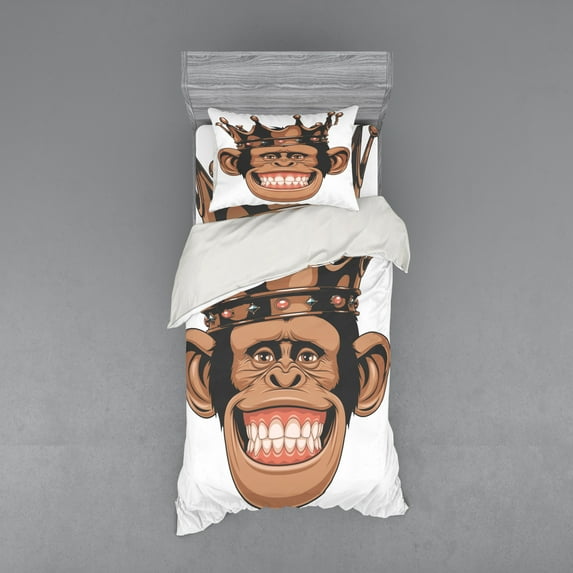 Ambesonne Funny Bedding Set 3 Pcs, Whimsical King Chimpanzee, Twin XL, Taupe Pale Caramel and White