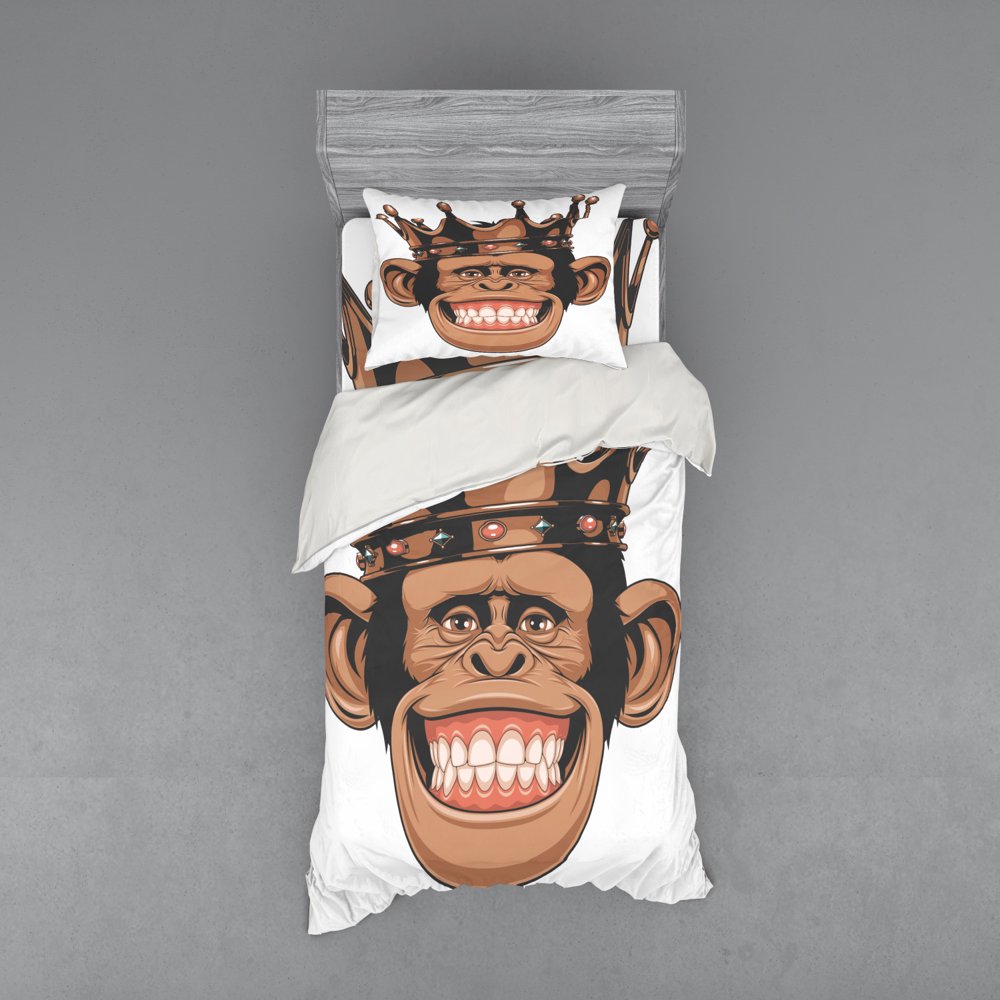 Funny Duvet Cover Set, Whimsical King Chimpanzee Portrait with Crown on