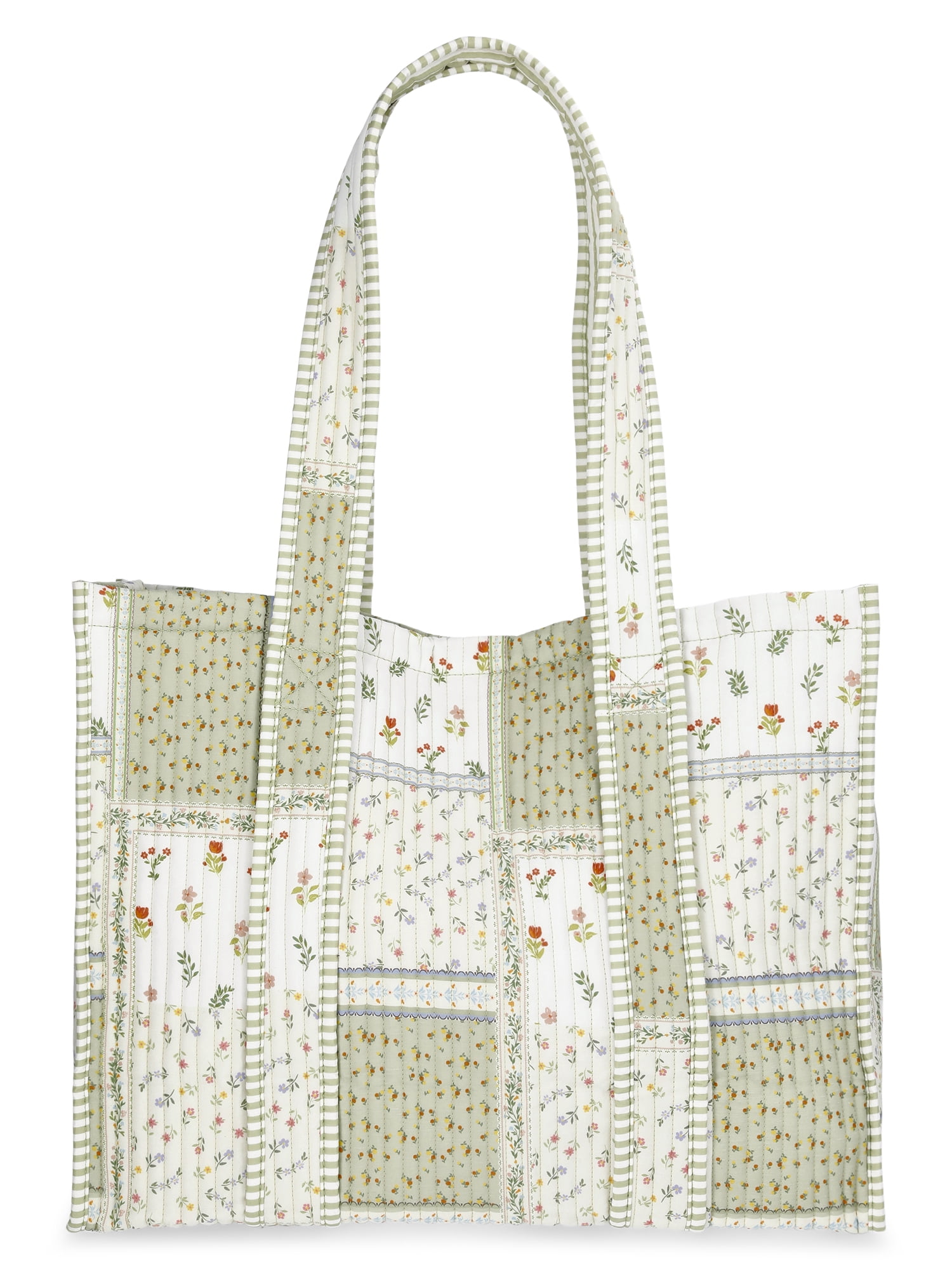 No Boundaries Women's Quilted Tote Bag, Green Patchwork/Stripe