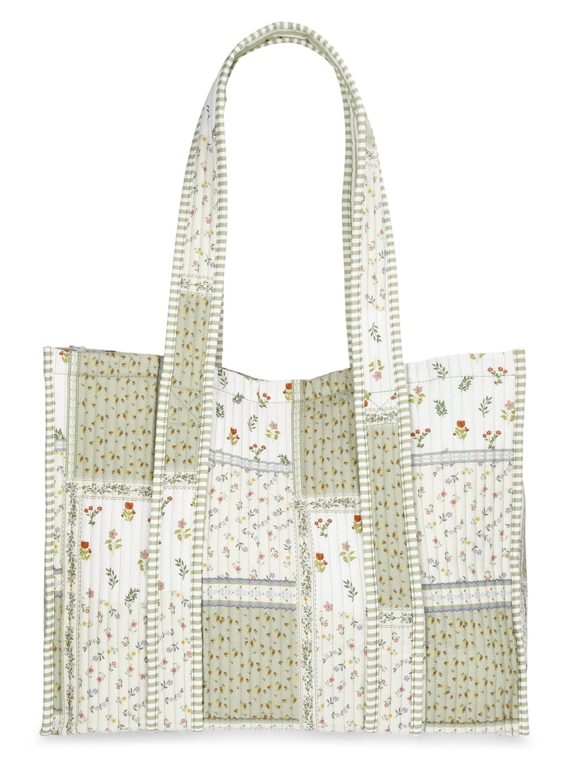 andwang popup ノベルティsatin Quilted Tote BK No Boundaries Women's Quilted Tote Bag, Green Patchwork/Stripe