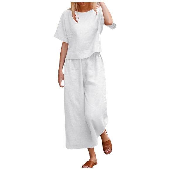 BYHONG Women's 2 Piece Wide Leg Pants Summer Short Sleeves Round Neck Crop Top Womens Pant Suits White XXL