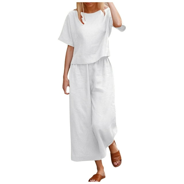 Conjunto de dos piezas para mujer compuesto por top corto y pantalones anchos: manga corta, cuello redondo, conjunto informal de verano