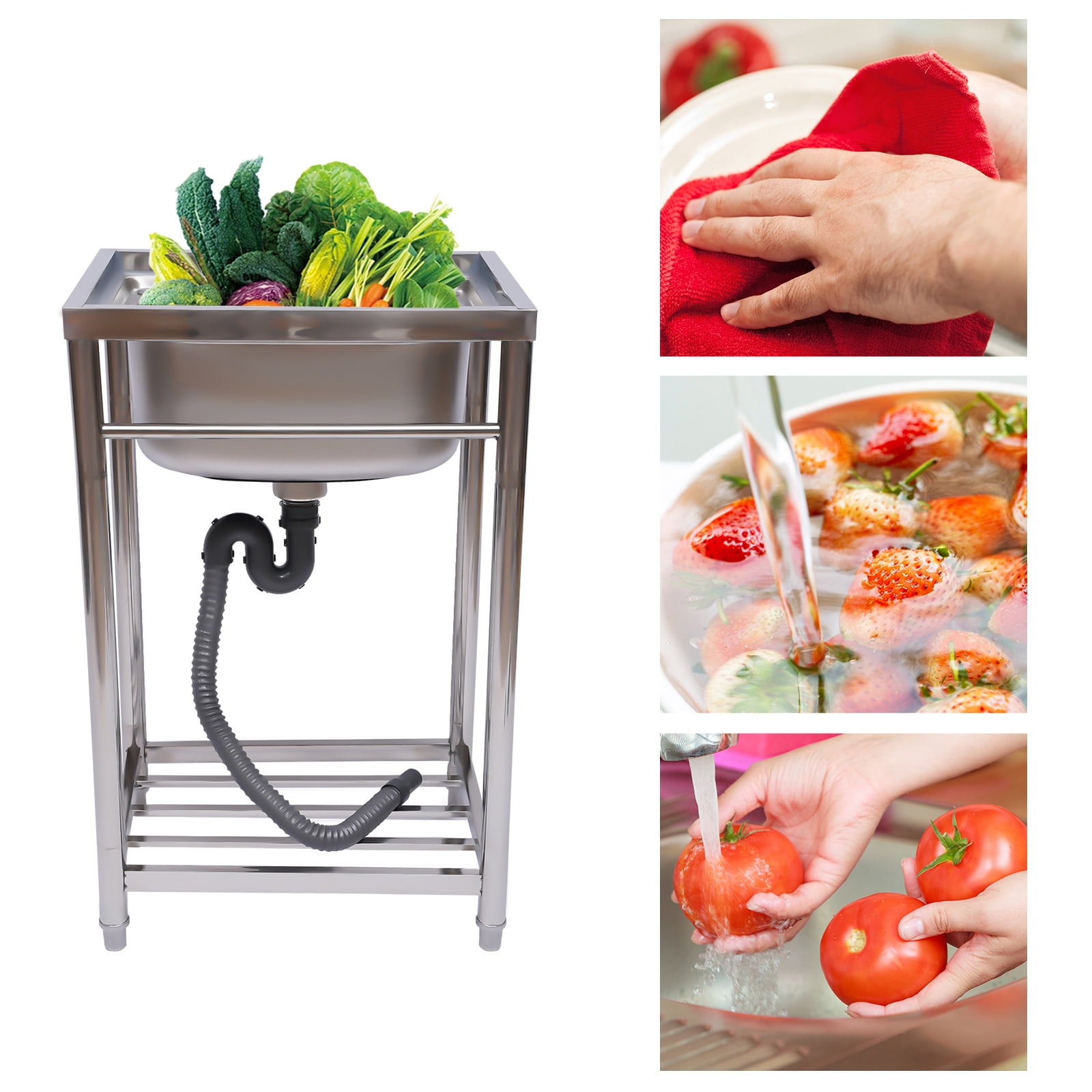 Miumaeov Free Standing Stainless-Steel Single Bowl Commercial Restaurant Kitchen Sink, Prep & Utility Washing Hand Basin with Storage Shelf, laundry tub for Indoor Outdoor