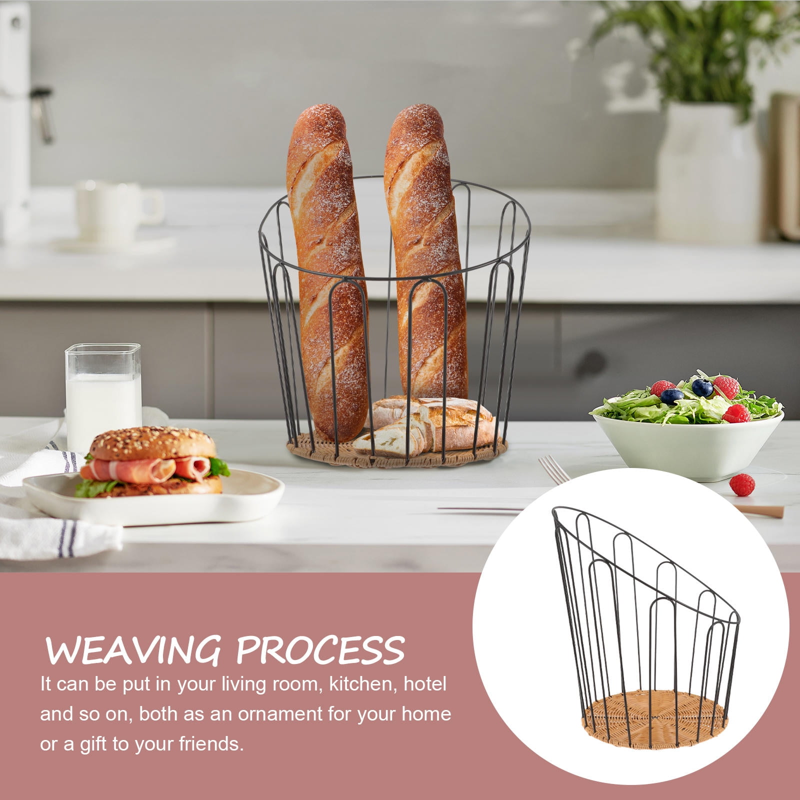 HOOWIFFY Black Woven Bread Basket with Iron Frame for Serving, Kitchen Storage, Counter Organization and Home Use