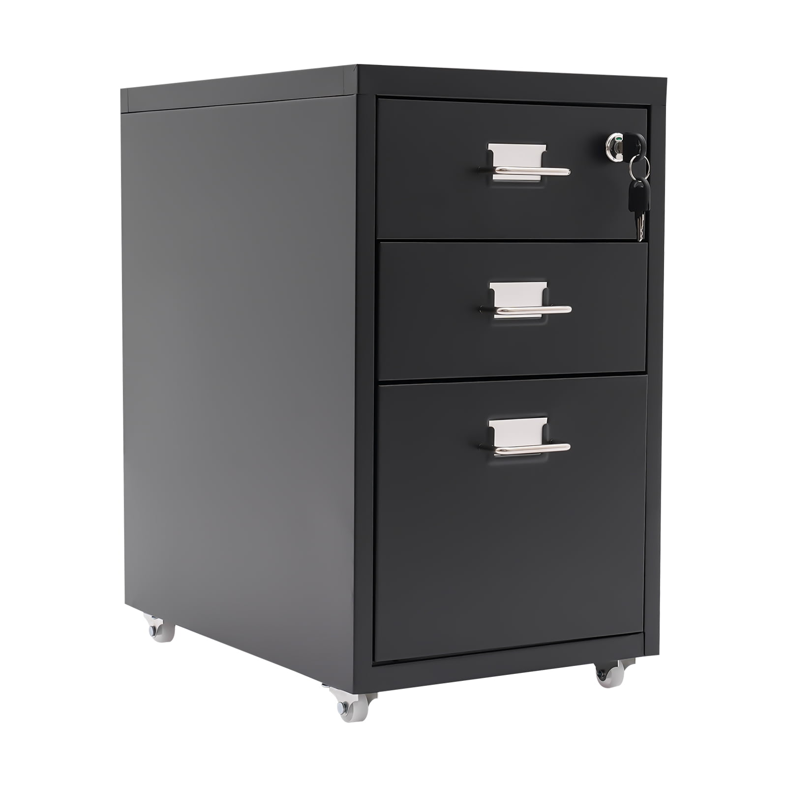 1* Vertical File Cabinet+ 2* Keys+ 4* Wheels, Black 3 Tiers Vertical File Cabinet, Metal Mobile File Cabinet with Lock, Filing Cabinet Under Desk