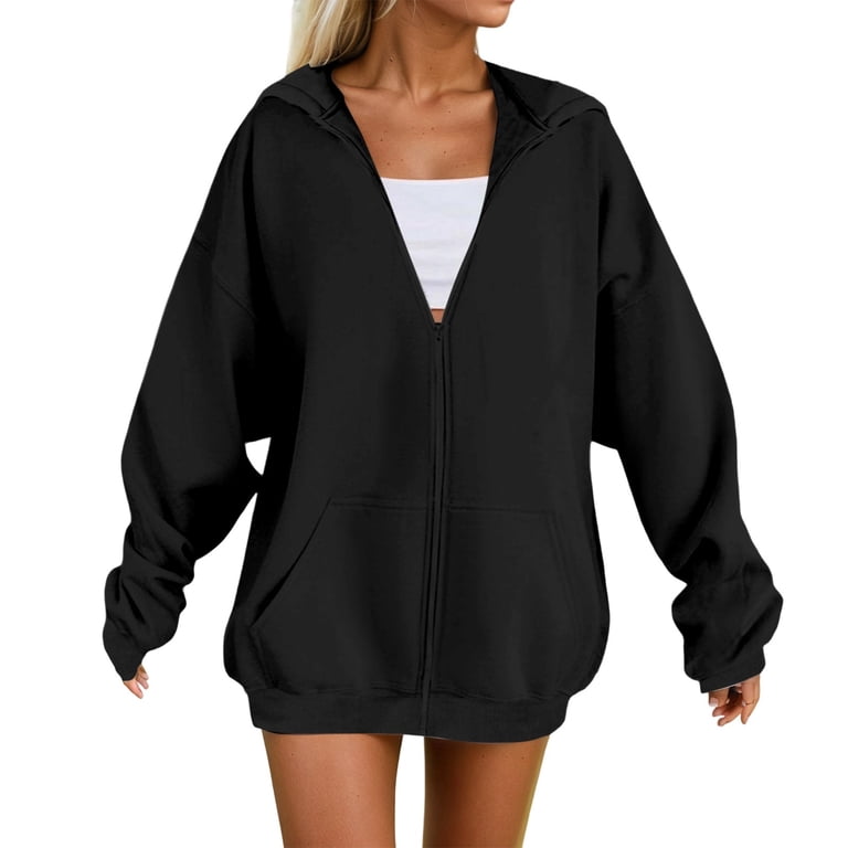 FAOWME Women's Hoodies With Pocket Long Sleeve Solid Color Zipper