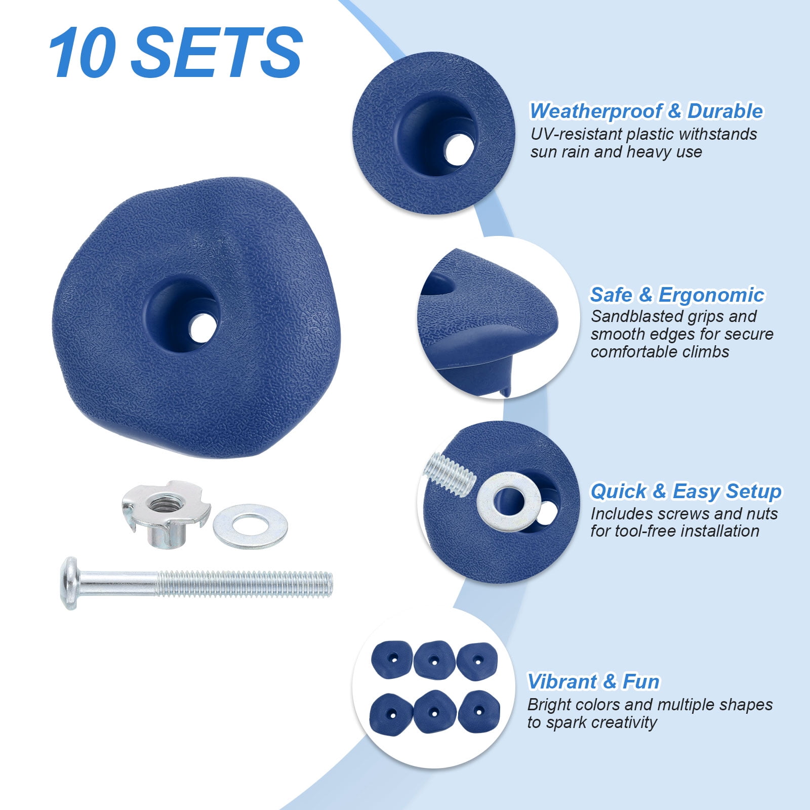 Rock Climbing Holds, 10 Pcs Climbing Rock Wall Grips with Single Holes for Playground Accessories, Blue-C