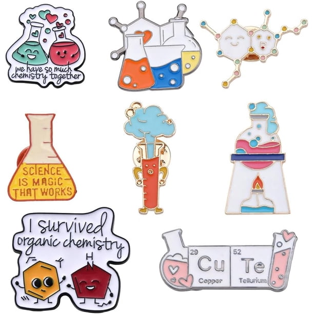 1 caja de 8 pines esmaltados de ciencia, pines de solapa de ciencia, juego de pines a granel, broches de ciencia, pines de laboratorio, pines de ciencia, broches médicos
