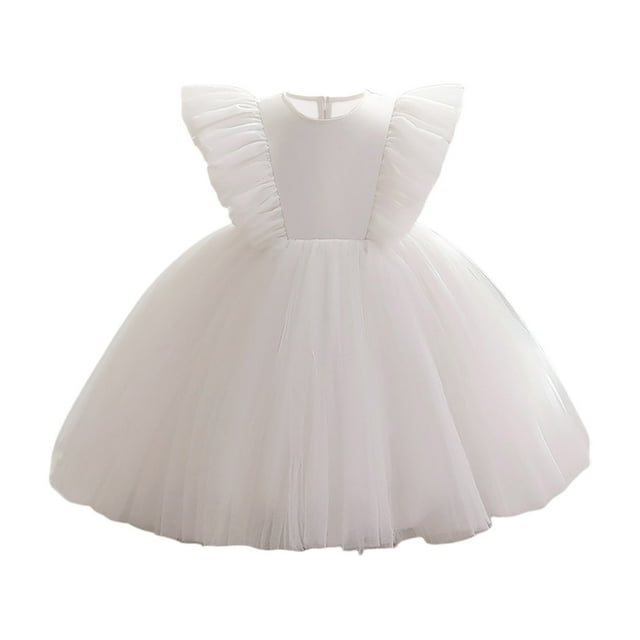 Yanlir Robe Sans Manches en Maille pour Fille Couleur Unie Manches Volantes Col Rond Robe de Soirée, Vêtements d'Été Respirants à la Mode, Style Princesse Mignon (Blanc, 5-6 Ans)