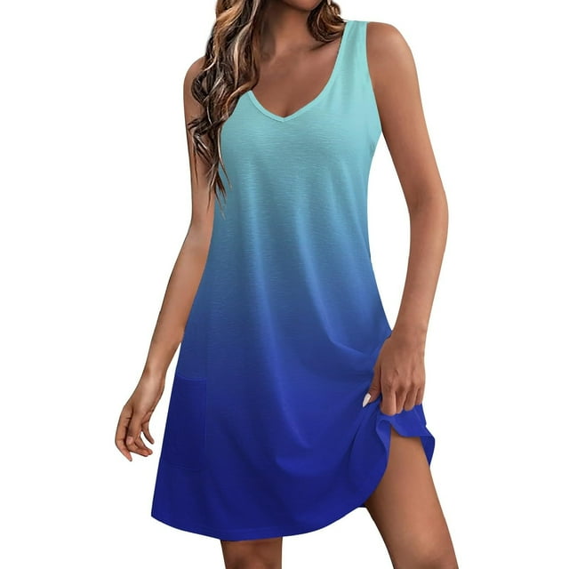 Robes pour Femmes Dames Mode Dégradé Été Dames Imprimé Poche Sans Manches Robe à Col en V
