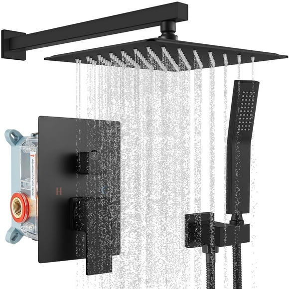 Gotonovo Système de Douche Pluie Noir Mat Carré 12 Pouces Pommeau de Douche avec Douche à Main Rugueuse en Valve Ensemble Complet de Douche Murale Salle de Bain