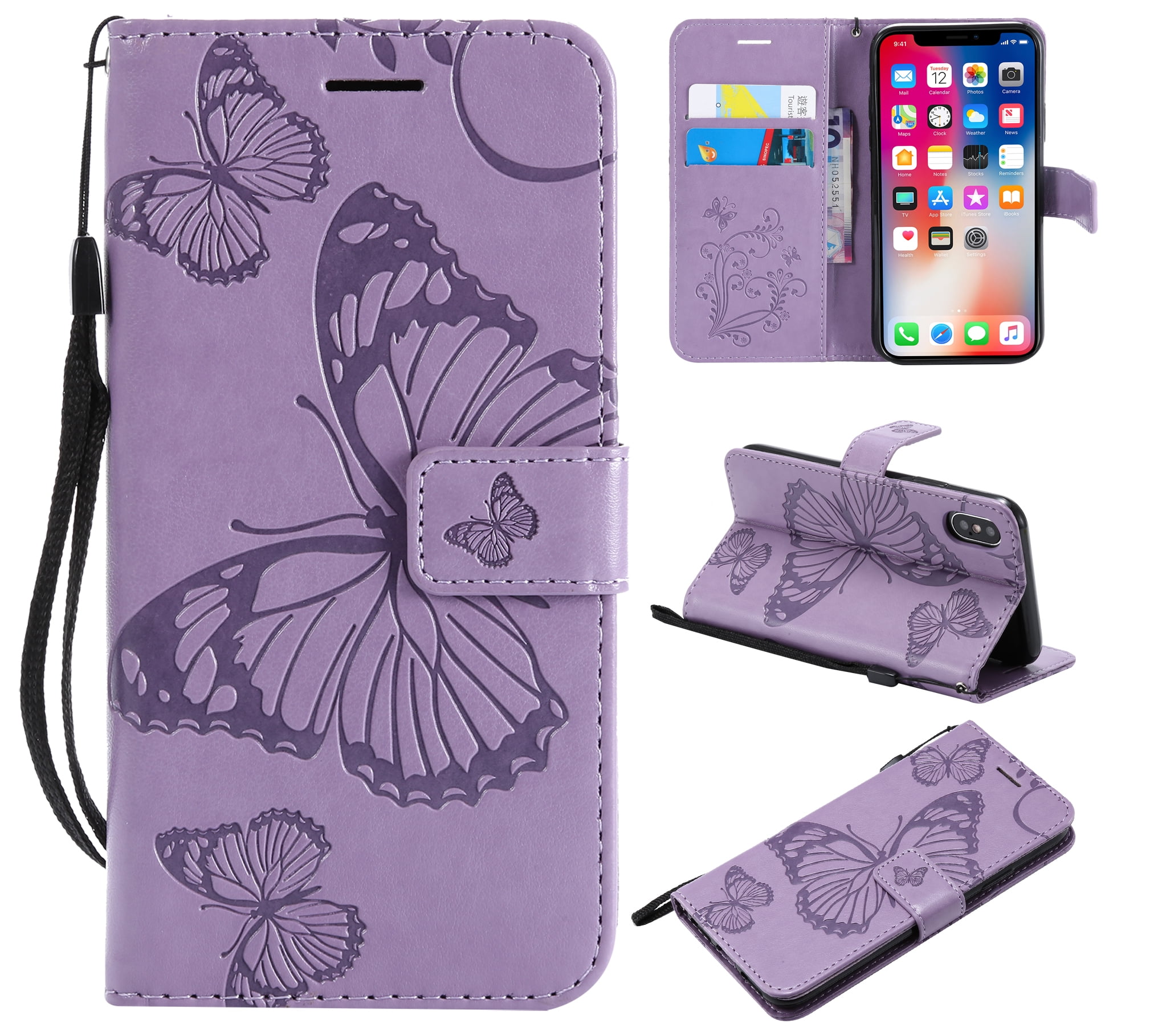 iPhone XR Wallet case, Allytech Pretty Retro Embossed Butterfly Flower