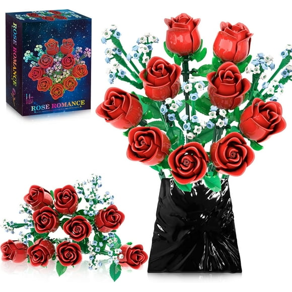 ERDS-Roses Flowers Bouquet Building Set for Adults, Wildflowers Icon Artificial Flowers Botanical Collection Kits Compatible with Lego Flowers, Flowers Set for Christmas Valentines Day Gifts Women Gi