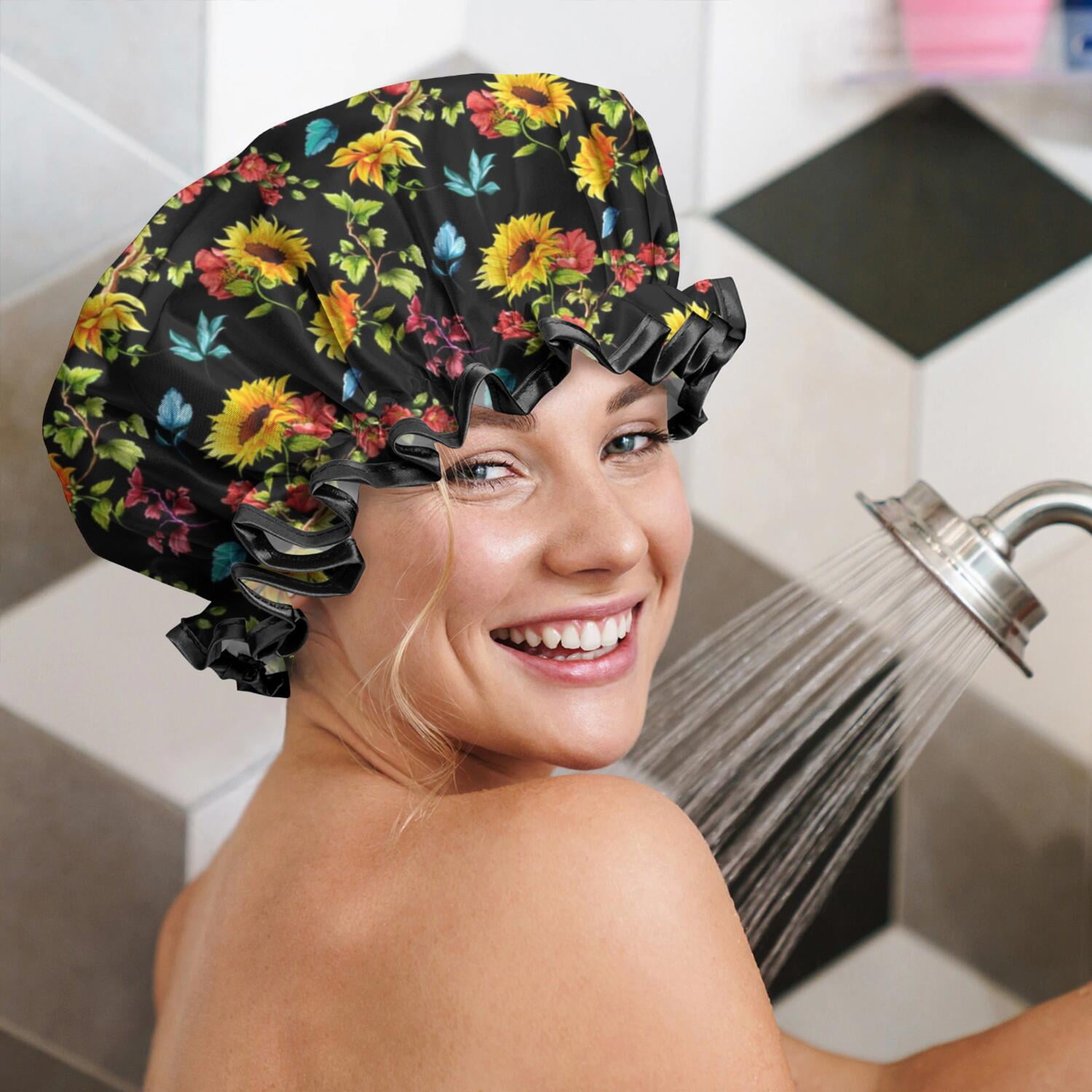 Shower Caps,Black Colorful Flower Sunflower Pattern Waterproof Shower Cap for Women 4 Pieces,Double Reusable Hair Cover for Shower PEVA Elastic Stretch Hem
