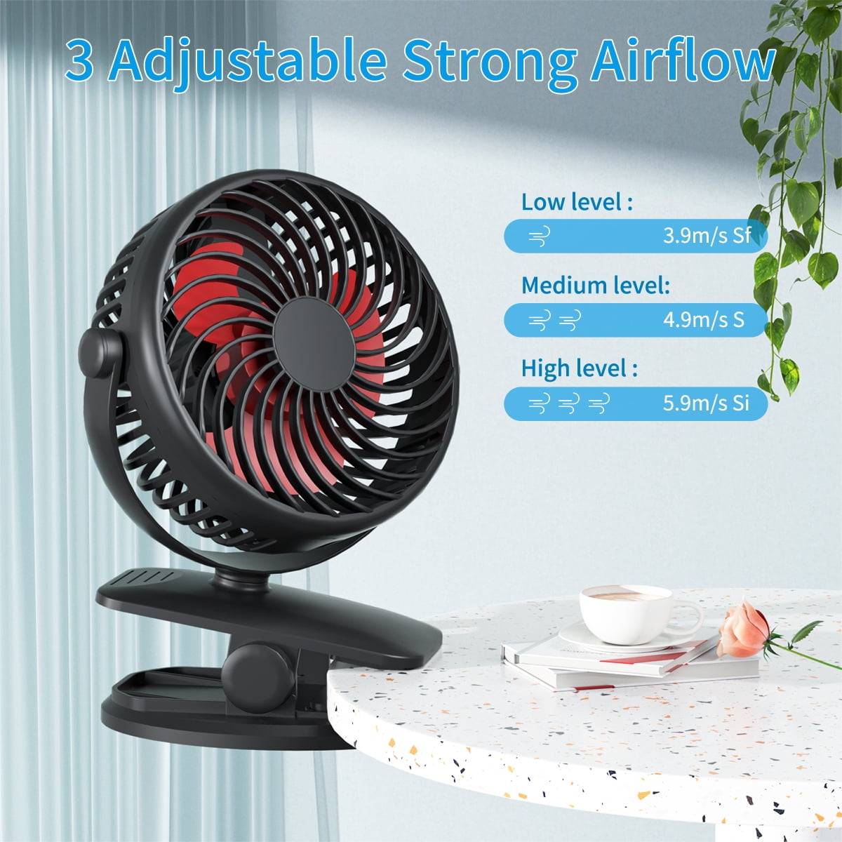 2024 New USB Clip on Fan, 3 Speeds Rechargeable Battery Operated Mini Fan with Sturdy Clamp, Upgraded Quiet and Strong Wind USB Desk Fan for Outdoor Camping Stroller Office Bedroom