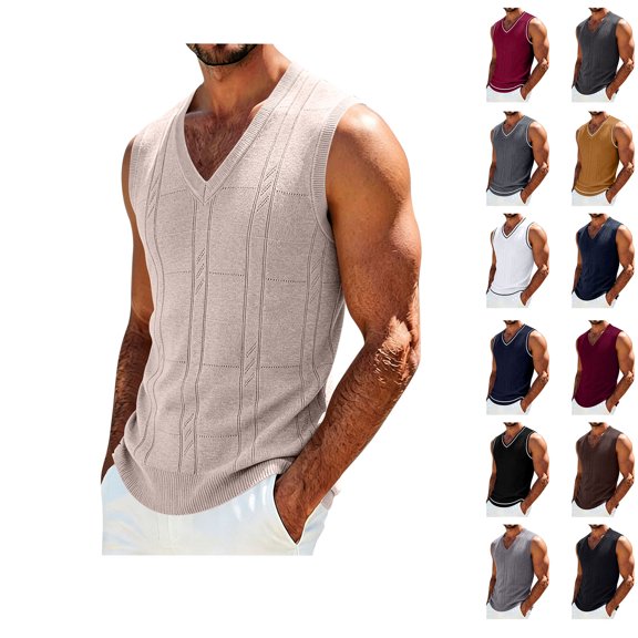 Antinious Men Solid Knit Sweater V-Neck Sleeveless Loose Versatile Comfortable Tank Top